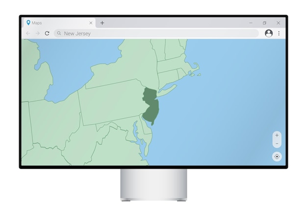 Computermonitor met kaart van New Jersey in browser zoeken naar het land van New Jersey op het webkaartprogramma