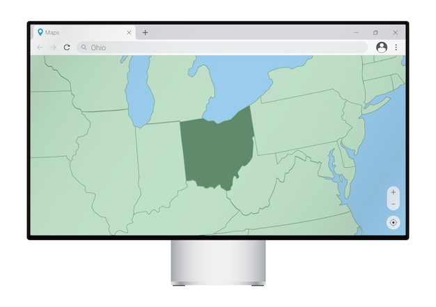 Computermonitor met kaart van Ohio in browser zoeken naar het land van Ohio op het webkaartprogramma