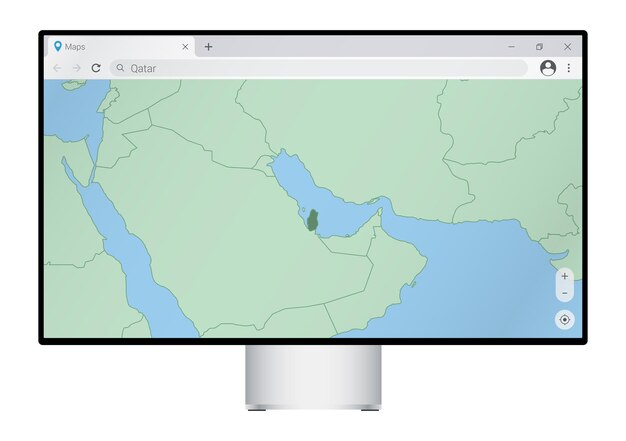 Computermonitor met kaart van Qatar in browser, zoek naar het land van Qatar op het webkaartprogramma.