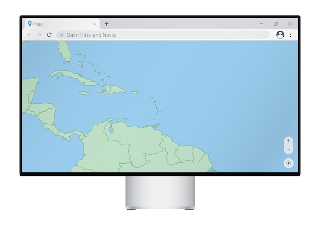 Computermonitor met kaart van Saint Kitts en Nevis in browser zoeken naar het land van Saint Kitts en Nevis op het webkaartprogramma