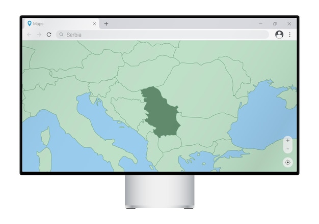 Computermonitor met kaart van Servië in browser, zoek naar het land van Servië op het webkaartprogramma.