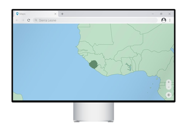 Computermonitor met kaart van Sierra Leone in browser zoeken naar het land Sierra Leone op het webkaartprogramma Vectorsjabloon