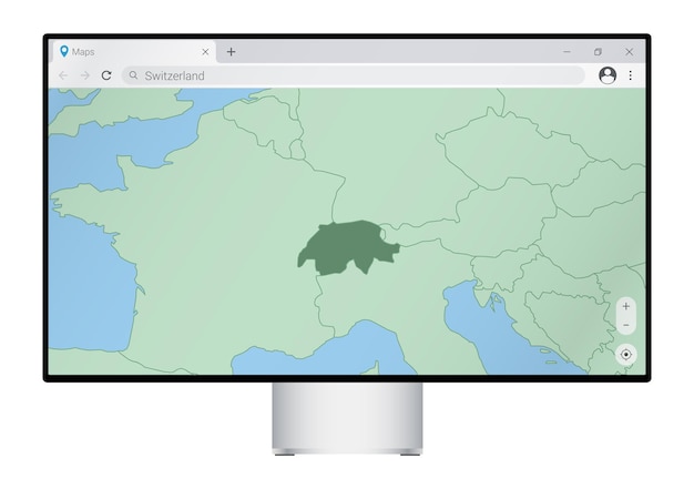 Computermonitor met kaart van Zwitserland in browser, zoek naar het land van Zwitserland op het webkaartprogramma.