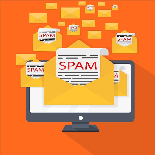 Computermonitor op een fel oranje achtergrond met veel enveloppen en vellen tekst met het label Spam platte ontwerp illustratie voorraad vectorafbeeldingen