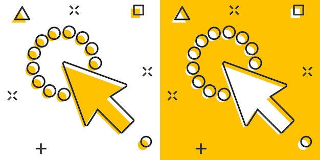 Computermuiscursorpictogram in komische stijl pijlcursor vector cartoon afbeelding pictogram muis doel bedrijfsconcept splash effect