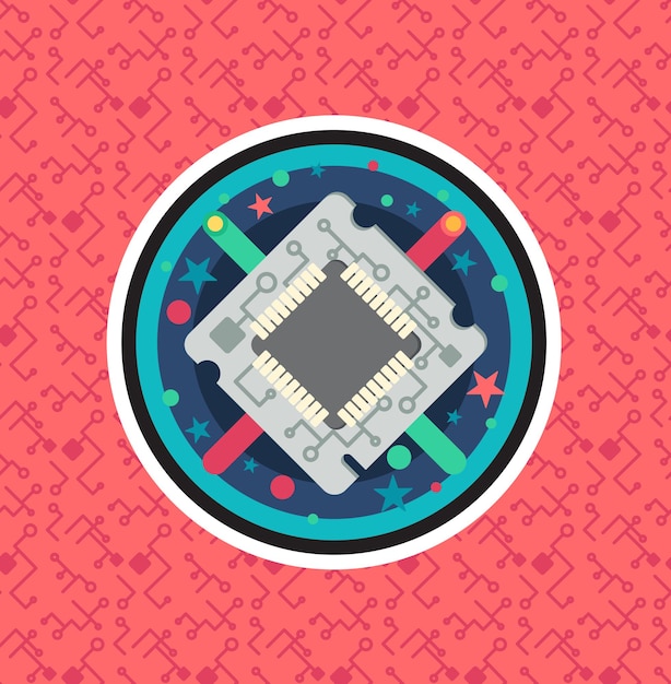 Computerprocessorchip met kabel, draad. Symbool van hard werken van programmeurs, activiteiten van systeembeheerder, wetenschappelijke innovatie, technische vooruitgang en robotica. Hightech microprocessor. Vector