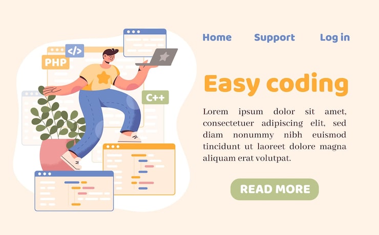 Vector computerprogrammering pc codering landing programmer- of ontwikkelaarsonderwijslessen webtechnologie taalstudie schermvensters backend java coder vector websiteontwerp sjabloon