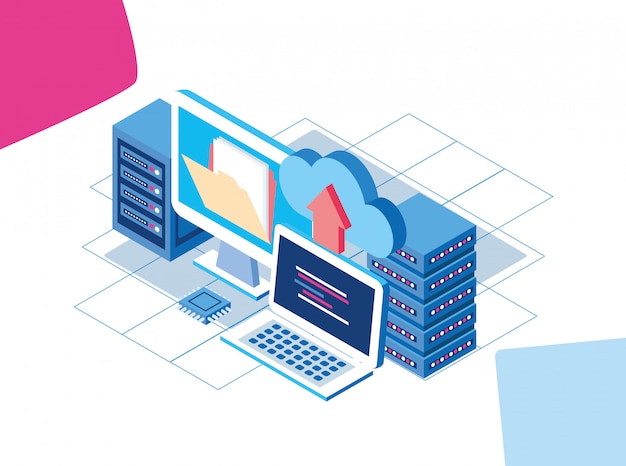 computers and data center servers with cloud storage and folder