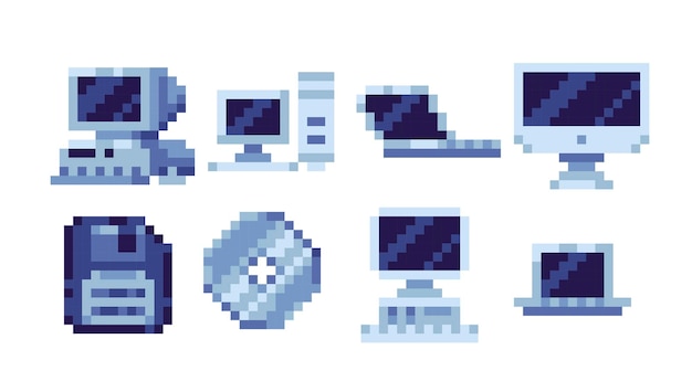 Vector computers and laptops pixel art set vintage devices monitors pc collection