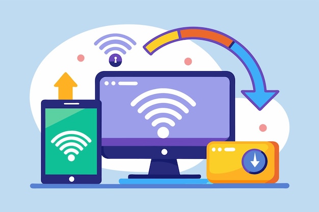 Computerscherm met WiFi-verbindingsproces met netwerkopties voor het bijwerken van het proces van het bijstellen van een computer met een WiFi-netwerk Eenvoudige en minimalistische platte vectorillustratie