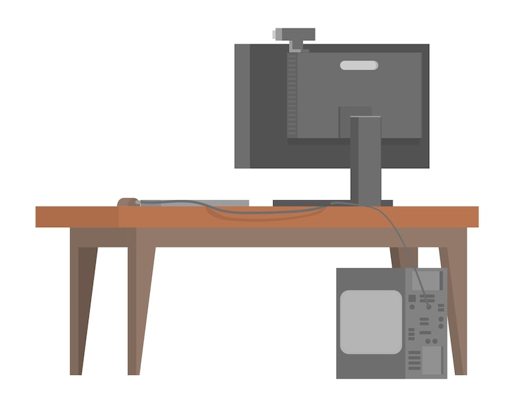 Vector computertafel met monitor. houten kantoortafel in cartoon-stijl geïsoleerd op een witte achtergrond