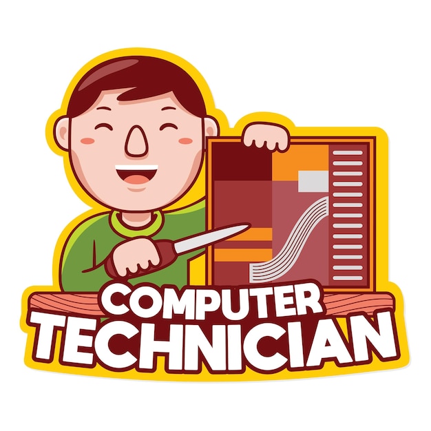 Computertechnicus beroep mascotte logo vector in cartoon-stijl