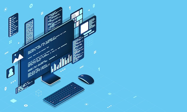 Computertechnologie isometrische illustratie Desktop computer platforms Software programmering codering concept Code met computer monitor