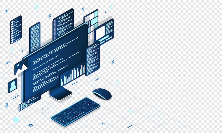 Vector computertechnologie isometrische illustratie desktop computer platforms software programmering codering concept code met computer monitor