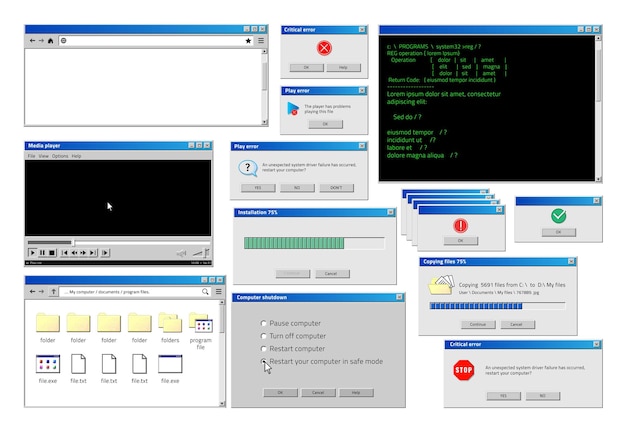 Computervenster. retro browserinterface met pop-upfout en waarschuwingsvensters, klassieke oude software-ui. vector illustratie website en laden van windows set