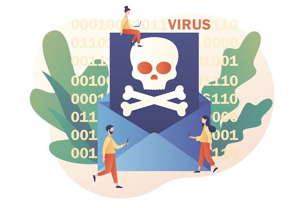 Computervirusconcept Hackeraanval en webbeveiliging Oplichtingswaarschuwing Kleine mensen openen grote envelop
