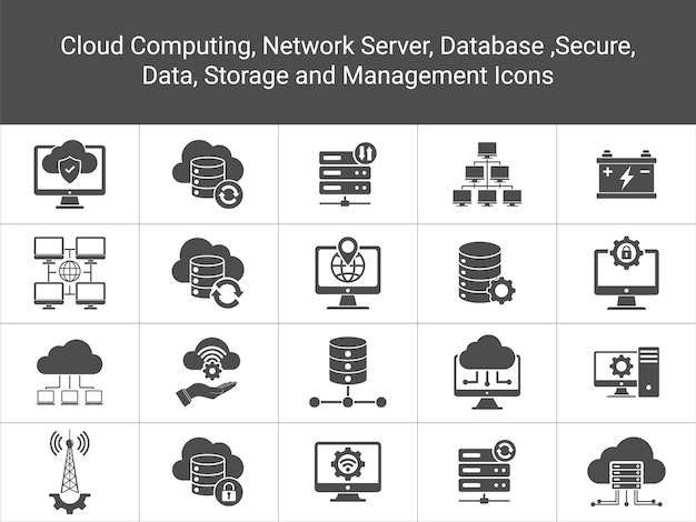 Computing gegevensopslag netwerken beveiliging server management iconen seticon vector illustratie