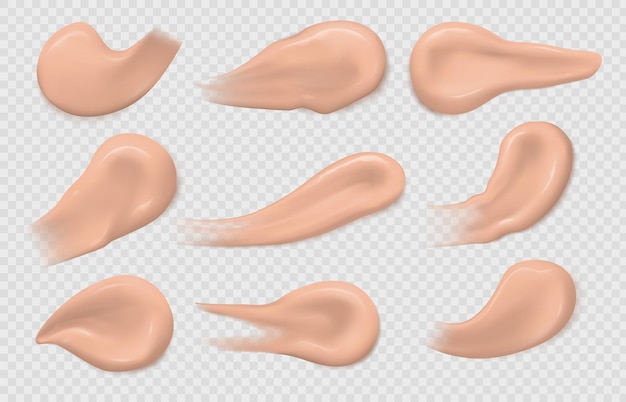 Macchie di correttore. texture realistiche di tratti di fondotinta per la pelle. campioni di sbavature di trucco, campioni di crema di tono di base cosmetica 3d set vettoriale isolato