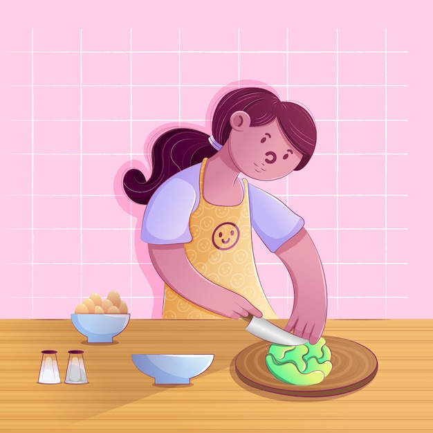 Concentrated cute girl character cutting vegetables for cooking