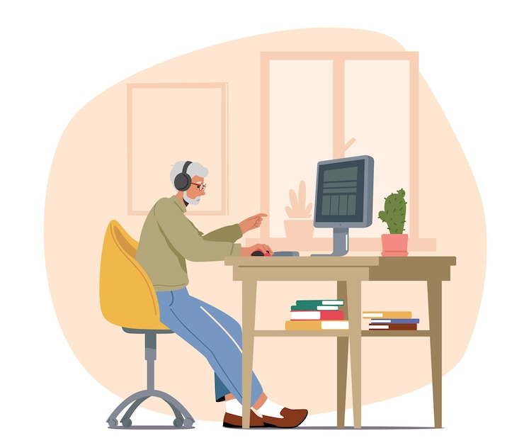 Vector concentrated senior grey haired male character sitting at desk with pc typing message or surfing in networks aged man grandpa learning and using new technologies cartoon vector illustration
