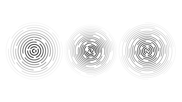 Set di cerchi concentrici di ondulazione. sonar o raccolta di anelli di onde sonore. epicentro, bersaglio, icone radar
