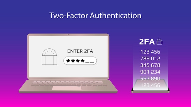 Concept of 2FA twofactor authentication with a laptop and codes on a smartphone Protecting your money Unlocking via mobile phone Vector illustration for website or banner