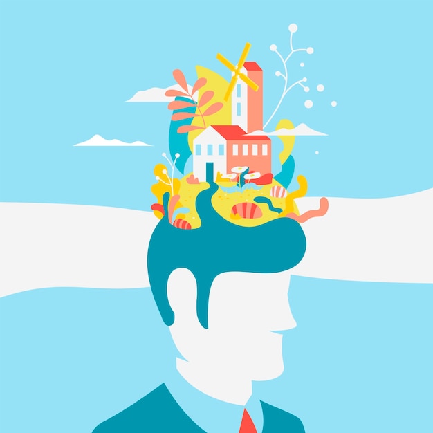 Vector concept about the processes of thinking of creative man. creating ideas in the head