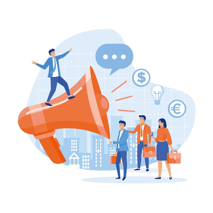 Vector concept of advertisement marketing promotion loudspeaker talking to the crowd