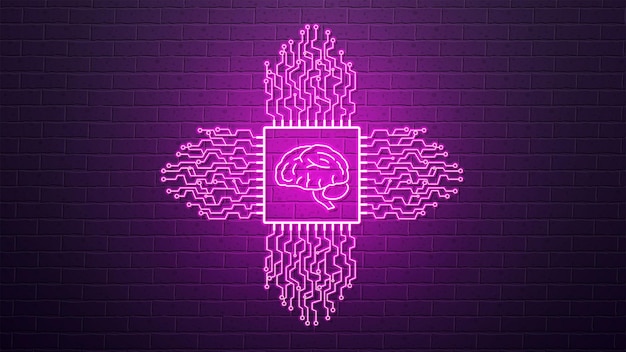 A concept for AI with a brain in a chip on a brick wall background Neon logo for artificial intelligence