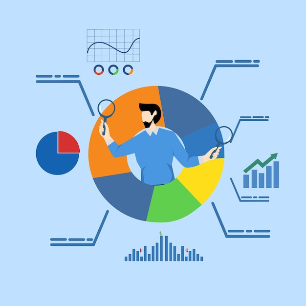Concept of Analyzing data and finance businessman with magnifying glass analyzing data diagrams