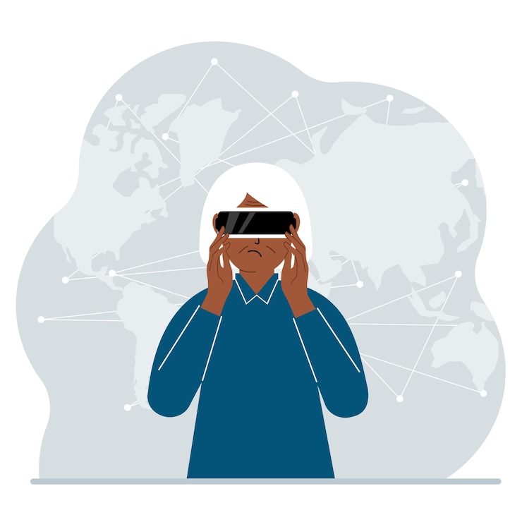Vector the concept of augmented or extended reality. grandmother wearing 3d glasses or virtual reality headset. on the background of the world map. vector flat illustration