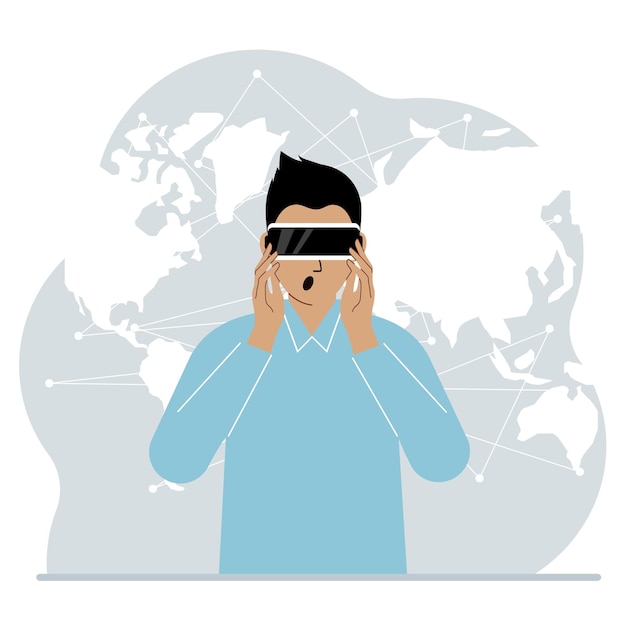 The concept of augmented or extended reality. Man wearing 3D glasses or virtual reality headset. On the background of the world map. Vector flat illustration