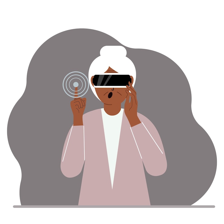 Vector the concept of augmented or extended reality. woman wearing 3d glasses or virtual reality headset. vector flat illustration