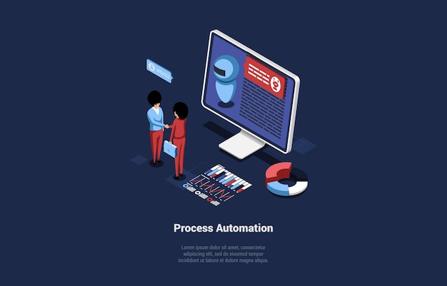 Concept of automation organization factory production manufacturing process and ai robot and technician in uniform control the robotic arm on assembly conveyor isometric 3d vector illustration