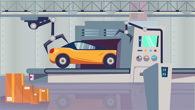 Concept Automobile plant A flat cartoonstyle design background featuring an automobile plant