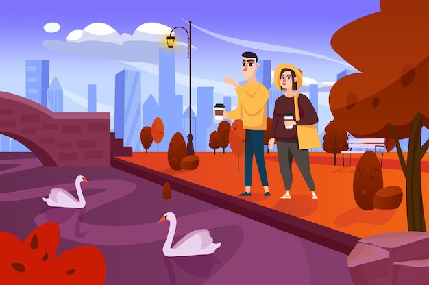 Vector concept autumn with people scene in the background cartoon style young couple spotted swans