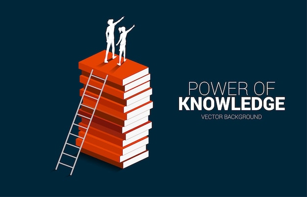 Concept background for power of knowledge Silhouette of businessman and businesswoman on top of book stack with ladder