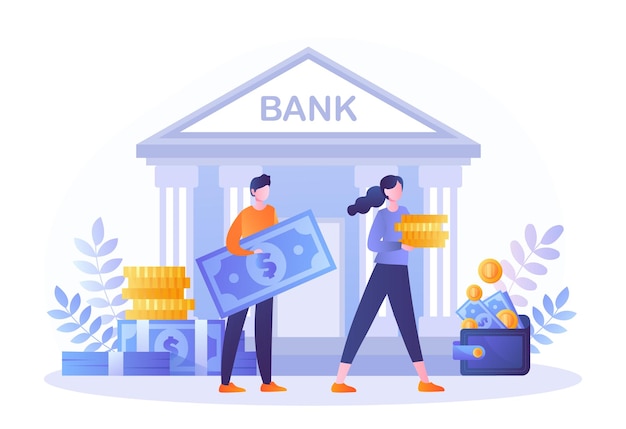 Vector concept of bank man and girl took out loans character with coins and credit card leaves building