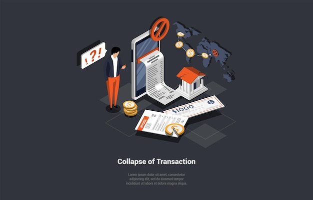 Concept of banking transactions collapse money transfers and payment for goods and services people making payments using credit cards and world services isometric cartoon 3d vector illustration