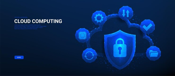 Вектор концептуальный баннер облачных технологий векторная иллюстрация с светящимися многоугольными иконами облаков и защитным щитом с замком цифровая безопасность и сервисные сетевые вычислительные технологии хранение данных