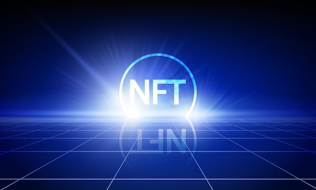 Концептуальный баннер NFT не взаимозаменяемые токены на темно-синем фоне Векторная иллюстрация
