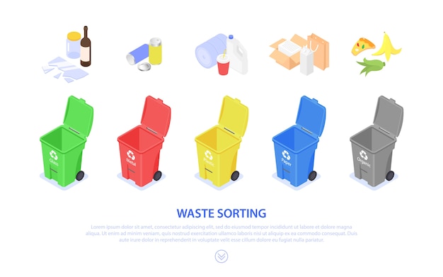 Concept banner for sorting and recycling waste. Colored trash cans. Separation and processing.