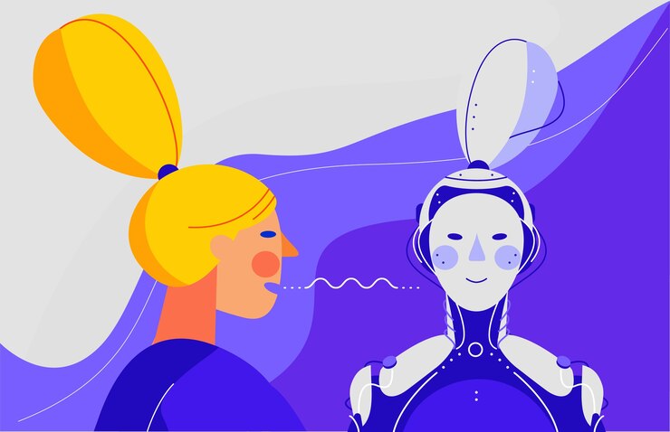Vector concept banner with woman command with her voice to the robot.