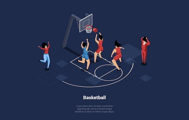 Concept of basketball play and sports academy basketball team\
playing match team player throwing ball into basket referees and\
fans are watching the game isometric cartoon 3d vector\
illustration
