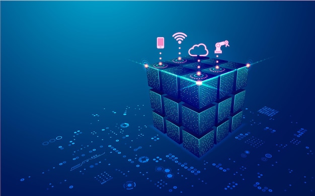 Vector concept of big data or data center graphic of futuristic cube with digital technology element