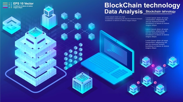 Concept of big data processing blockchain technology isometric data center vector information processing and storage