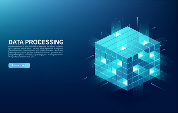 Vector concept of  big data processing center, cloud database, server energy station of future. digital information technologies in form of cube, web banner.