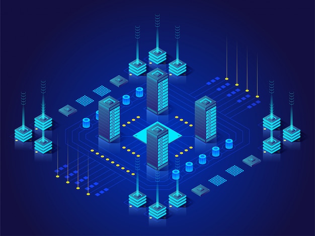 Concept of big data processing, energy station of future, server room rack, data center isometric illustration