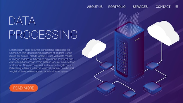 Concept of big data processing energy station of future server room rack data center isometric vector illustration