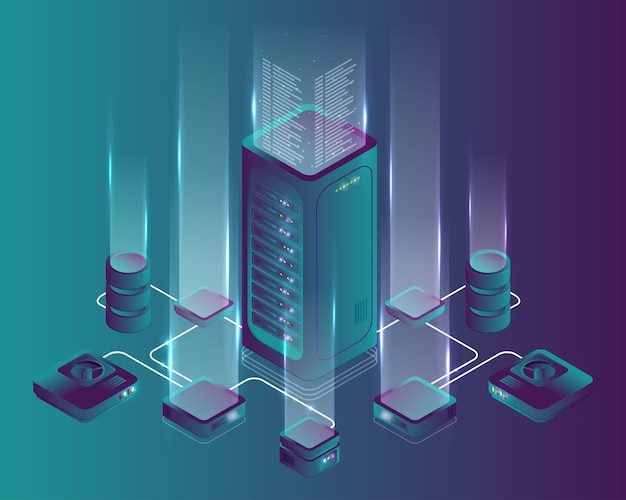 Vector concept of big data processing energy station of future server room rack data center isometric vector illustration